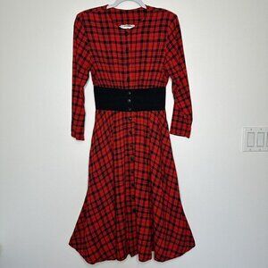 Vintage Clues Collection‎ Shirtdress Plaid Long Sleeve Red Black Pockets